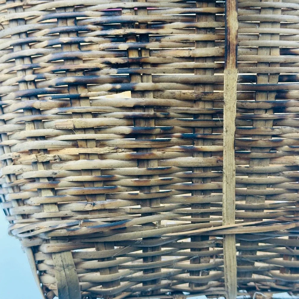 Vintage Bamboo Woven Basket with Handles Square Base Round‎ Top Asian Boho